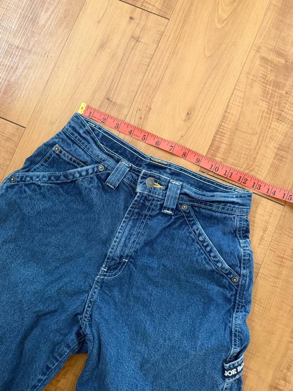 Vintage Joe Boxer Blue Denim Beach Casual Cargo Shorts with Embossed Logo Patch